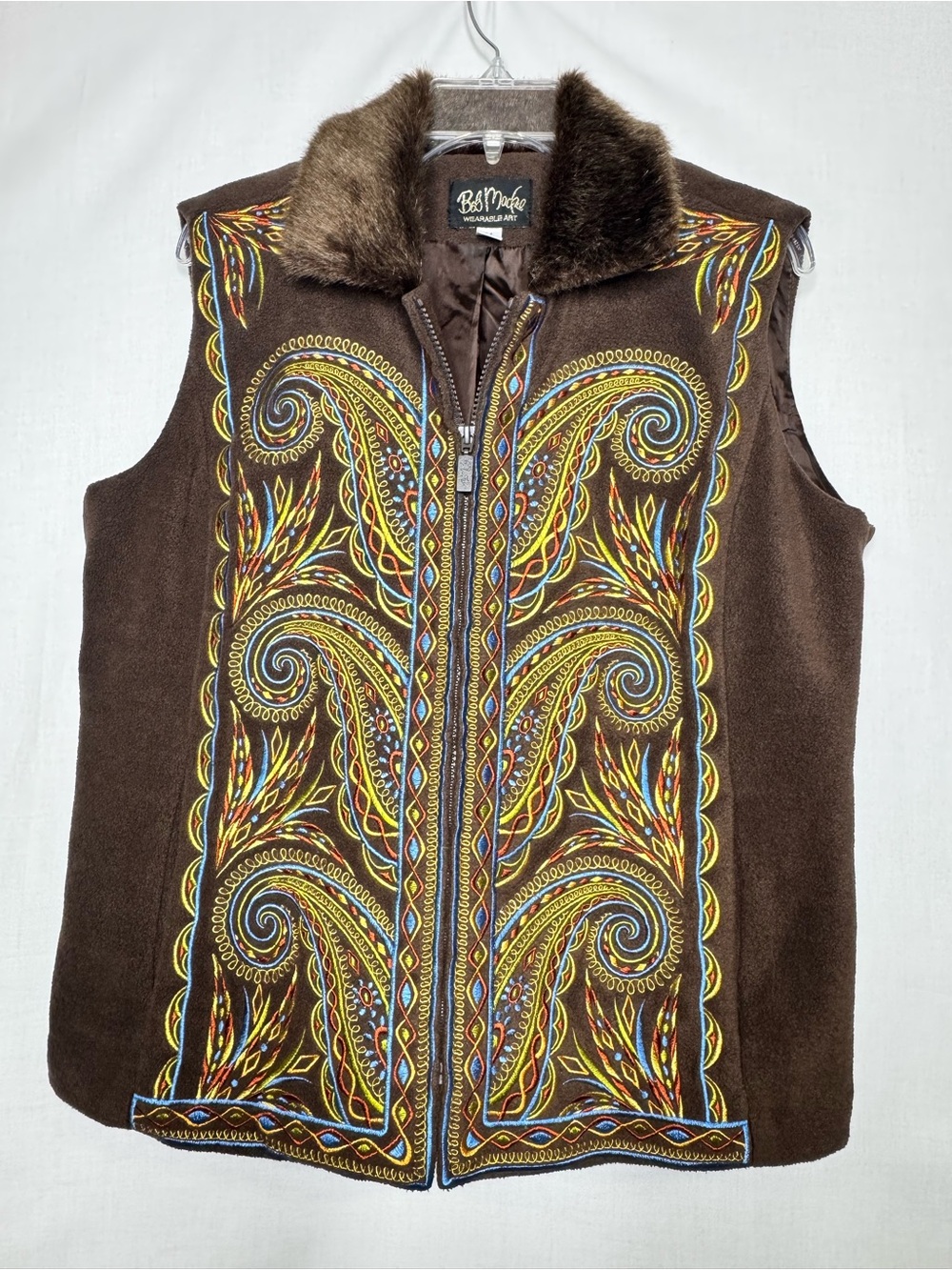 Bob Mackie Womens Brown Embroidery Paisley Faux Fur Collar Vest Sz M Art To Wear